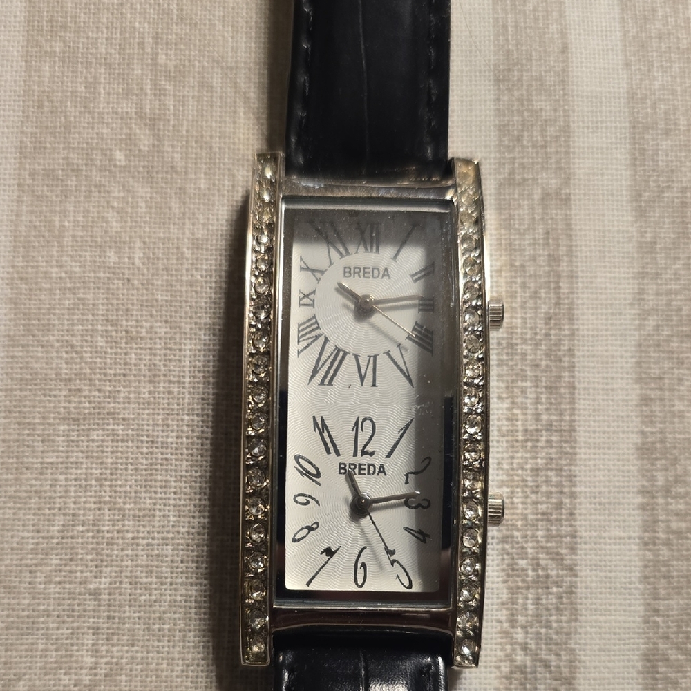 Breda Silver and Black Watch with Crystal Accents